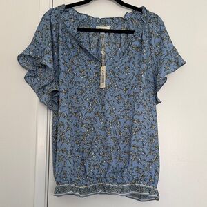 Max Studio Light Blue Floral Blouse with Ruffle Sleeves